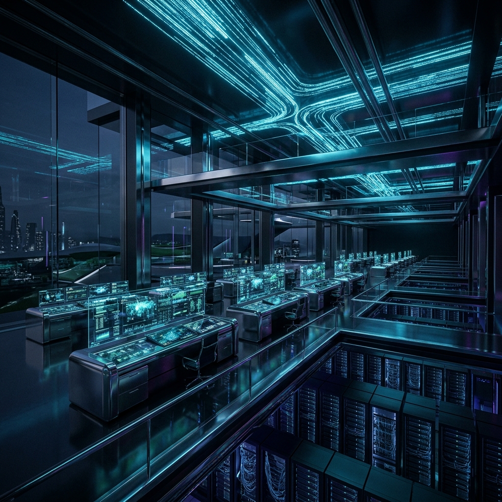Operators in a glowing operations room