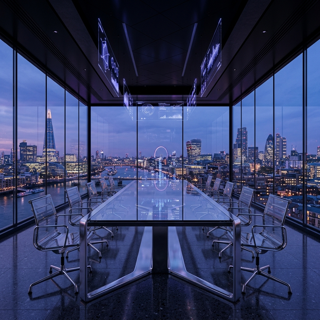 Executive boardroom overlooking London at dusk