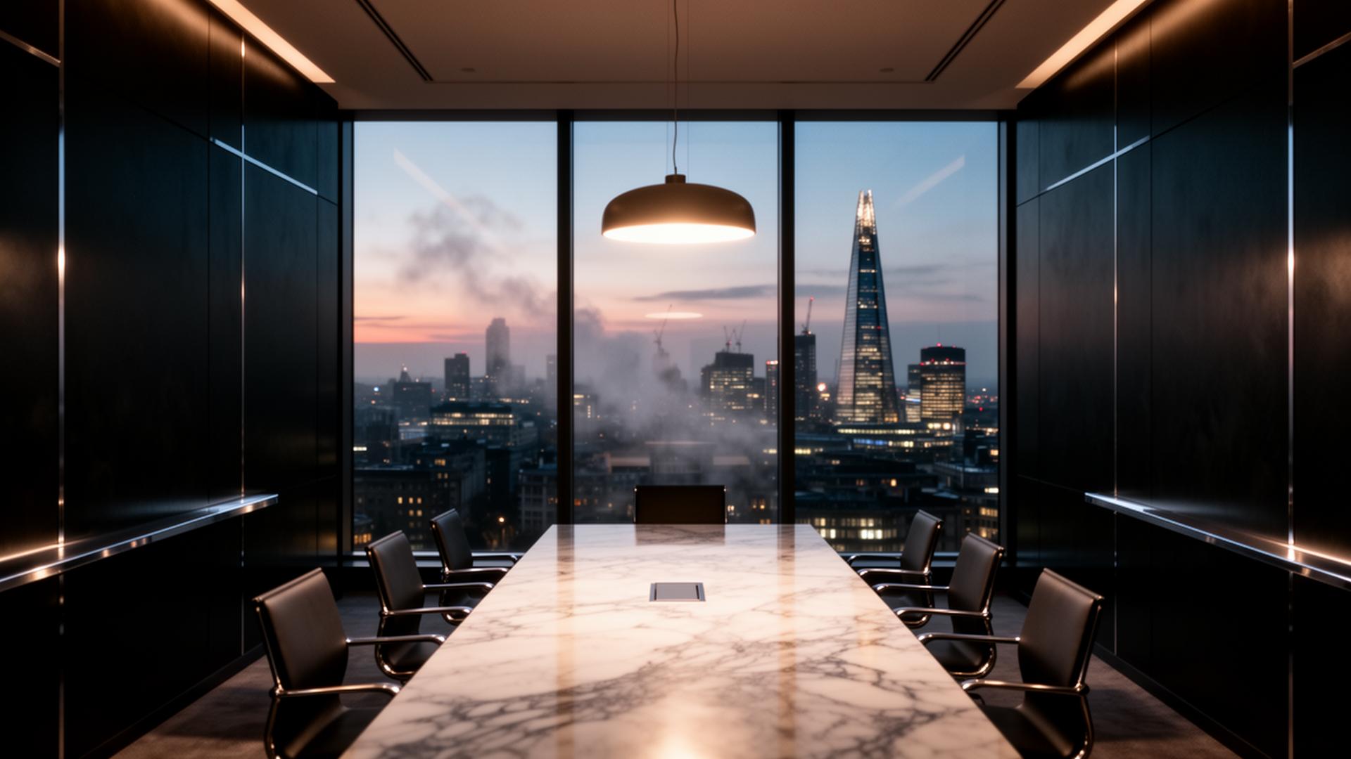 Executive boardroom overlooking London at dusk
