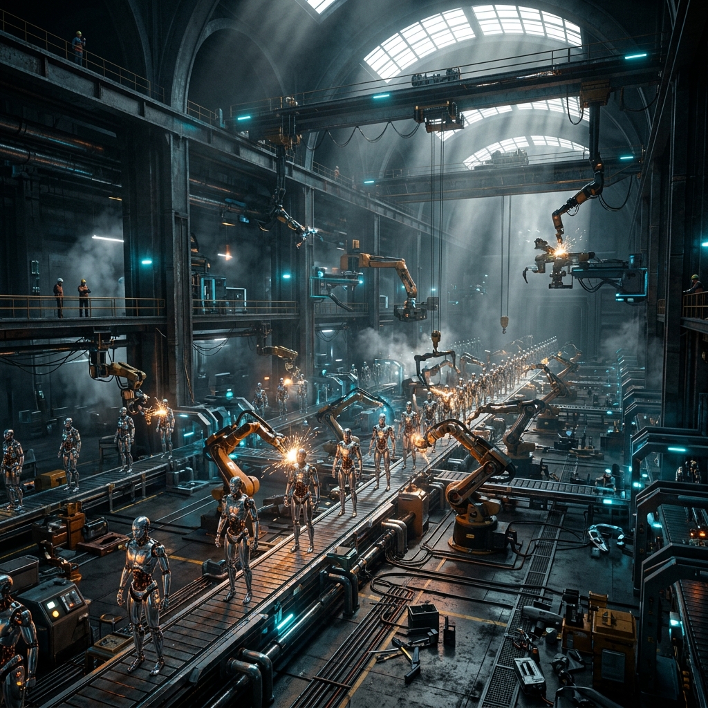Humanoid robot inside an industrial facility