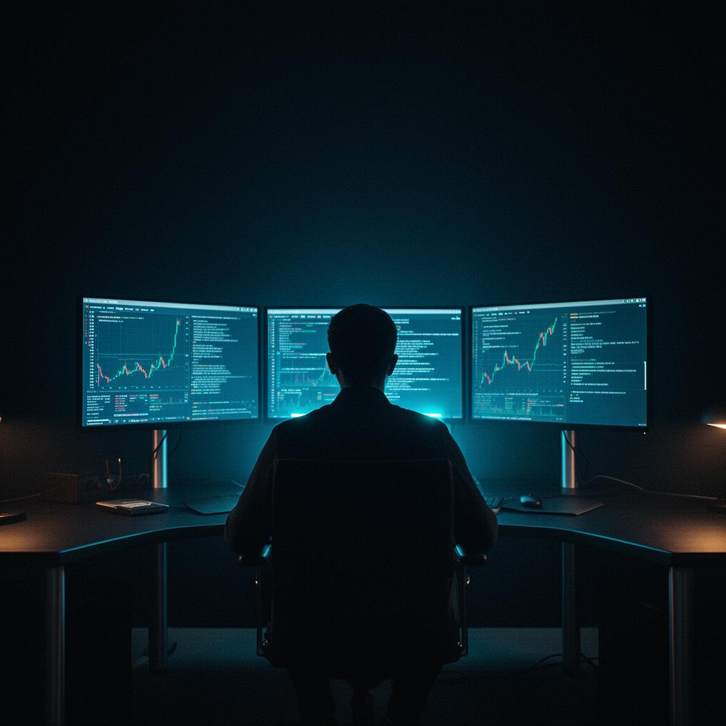 Founder working late at a multi-monitor workstation