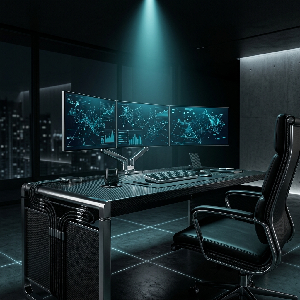 Founder working late at a multi-monitor workstation